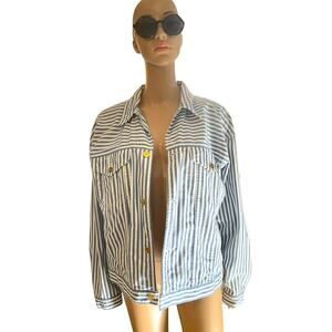VTG Lizwear Denim Jacket Womens L Blue White Striped Lightweight Button Down